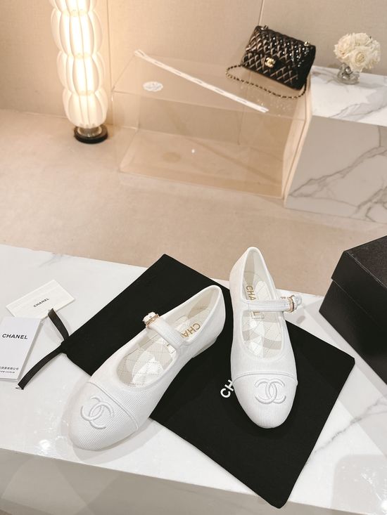 Chanel Embroidered Logo Round Toe Leather Flat Mary Janes