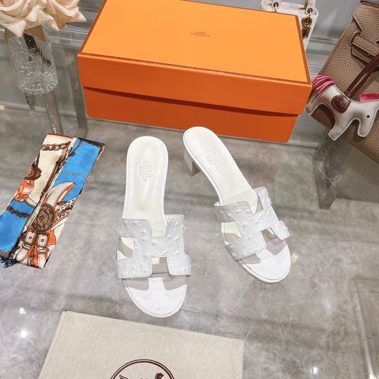 Hermes Chunky Heel Cowhide Slide Sandals With Silk Scarf Set