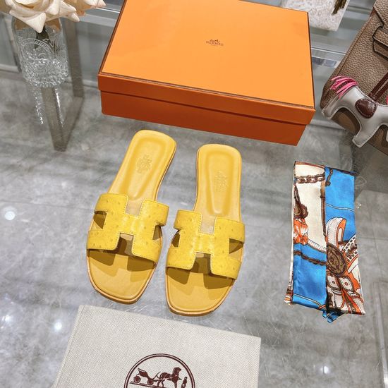 Hermes Flat Ostrich Leather Slides Soft Comfortable Casual Footwear