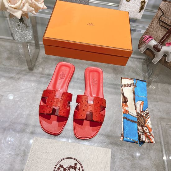 Hermes Flat Ostrich Leather Slides Soft Comfortable Casual Footwear