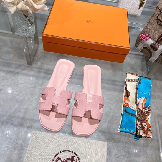 Hermes Flat Ostrich Leather Slides Soft Comfortable Casual Footwear