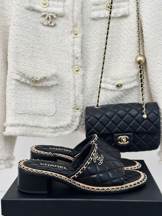 Chanel Chain Decor Block Heel Slides Premium Sheepskin Upper