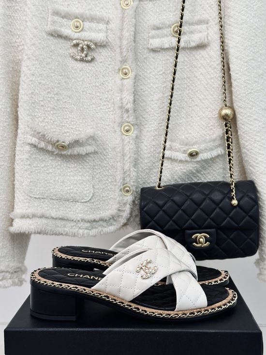 Chanel Block Heel Chain Decor Slip On Sandals