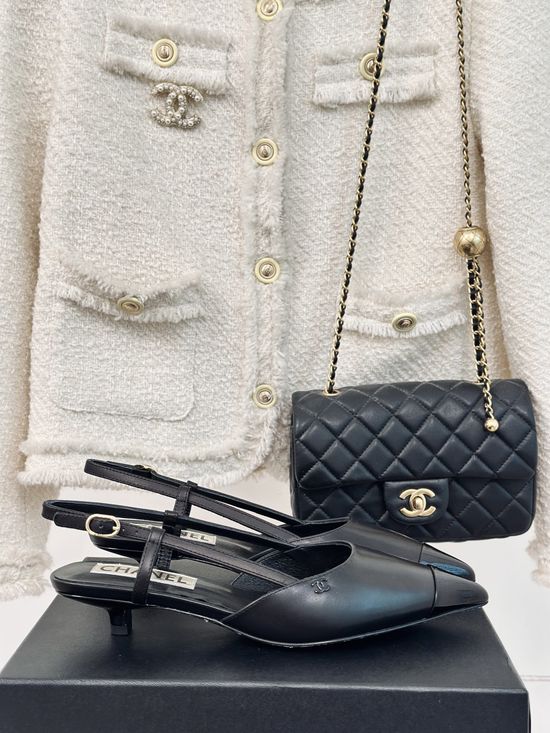 Chanel Kitten Heel Pointed Toe Leather Sandals