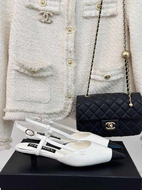 Chanel Kitten Heel Pointed Toe Leather Sandals
