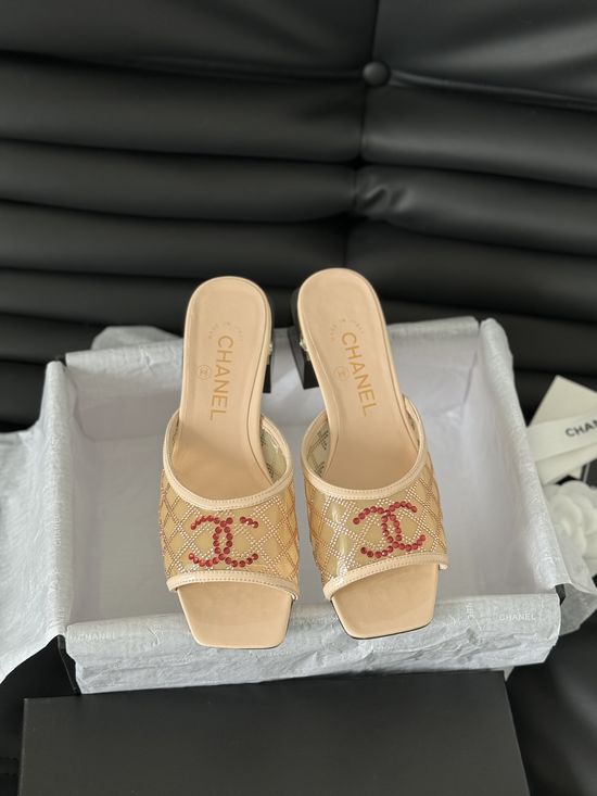 Chanel Rhinestone Decor Genuine Leather Slide Sandals