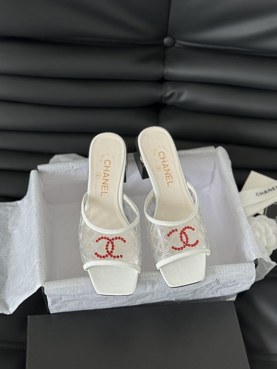 Chanel Rhinestone Decor Genuine Leather Slide Sandals