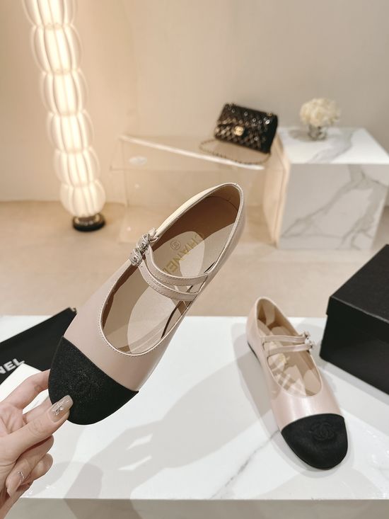 Chanel Pearl Decor Round Toe Leather Mary Jane Flats