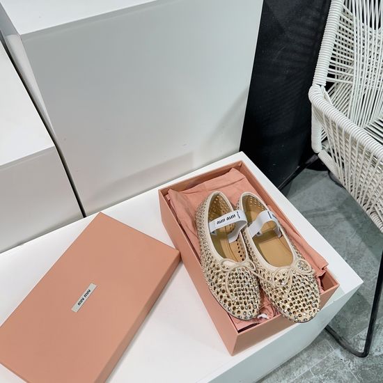 Miu Miu Rhinestone Mesh Ballet Flats Soft Leather Insole