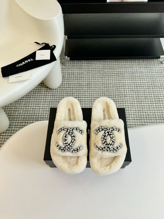 Chanel Rhinestone Accent Wool Fuzzy Slippers Rubber Sole