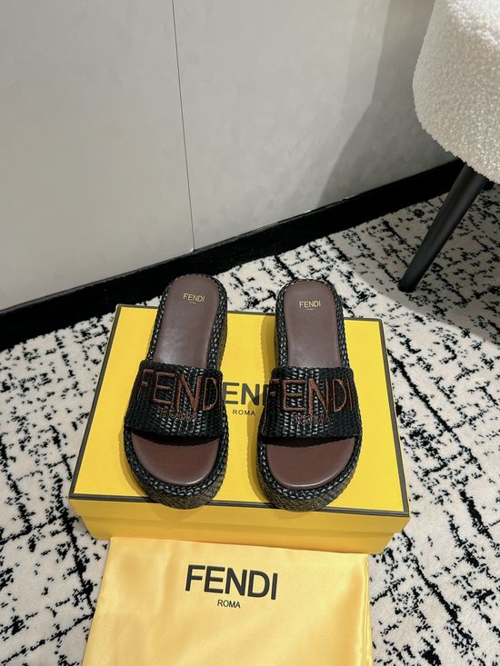 Fendi Woven Platform Wedge Slip-on Casual Slides