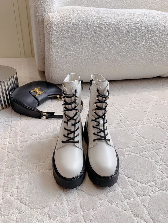 Celine Classic Leather Platform Ankle Boots With Lace-up Design