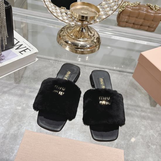 Miu Miu Shearling Lined Flat Slide Slippers With Leather Sole