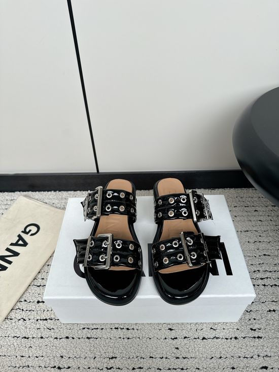 Ganni Round Toe Buckle Decor Leather Casual Slip On Slides