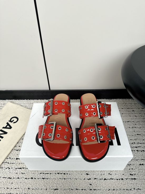 Ganni Round Toe Buckle Decor Leather Casual Slip On Slides