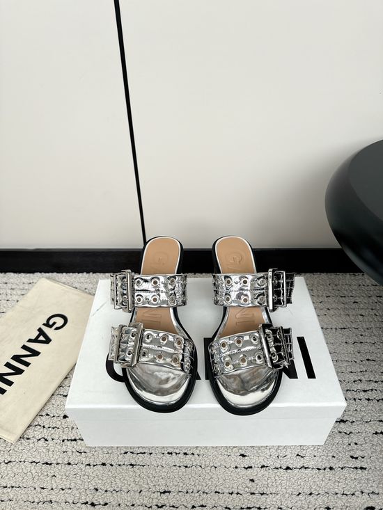 Ganni Round Toe Buckle Decor Leather Casual Slip On Slides