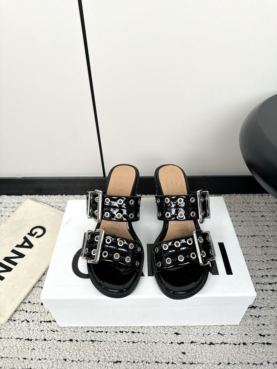 Ganni Round Toe Buckle Decor Leather Casual Slip On Slides