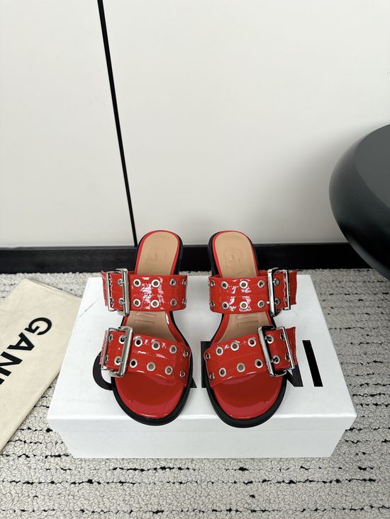 Ganni Round Toe Buckle Decor Leather Casual Slip On Slides