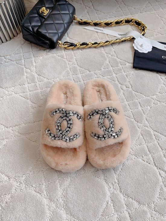 Chanel Wool Fuzzy Rhinestone Slippers Warm Soft Non Slip Casual Shoes