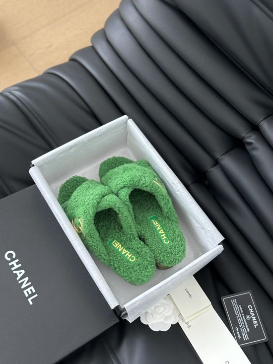 Chanel Fluffy Wool Slip On Slides With Rubber Sole