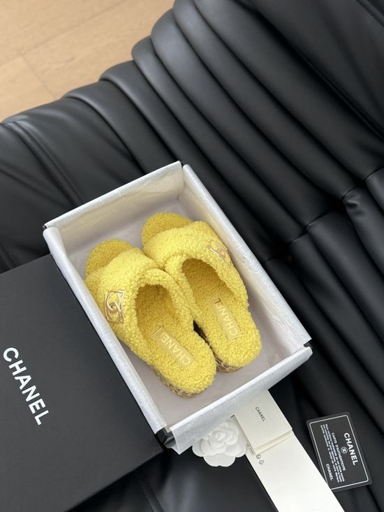 Chanel Fluffy Wool Slip On Slides With Rubber Sole