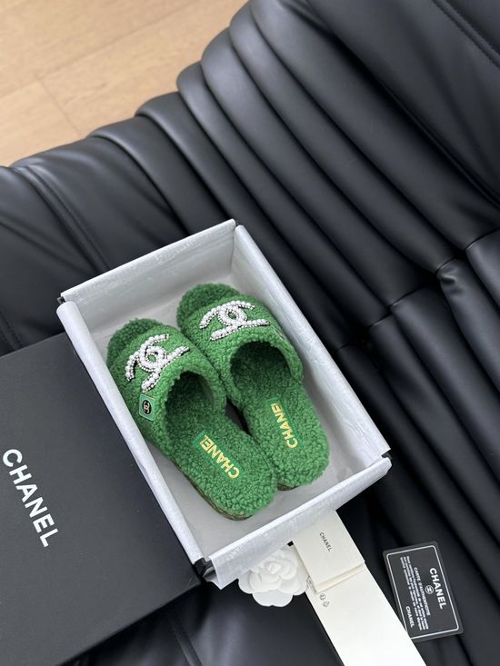 Chanel Fluffy Wool Slip On Slides With Rubber Sole