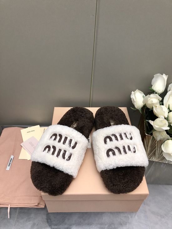 Miu Miu Embroidered Wool Slippers Non-slip Soft Comfortable Home Shoes