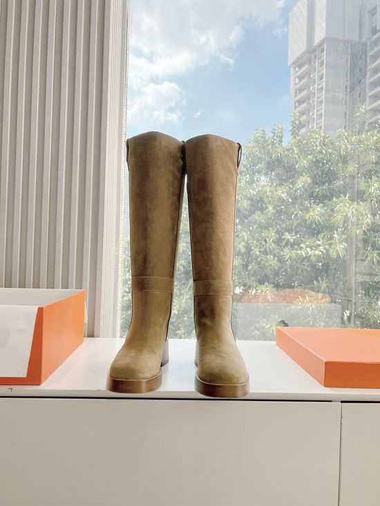 Hermes Exquisite Handmade Knee-High Boots with Genuine Leather