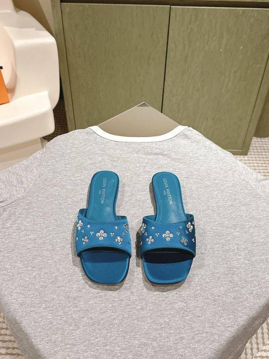 Louis Vuitton Silk Rhinestone Embellished Flat Casual Slides