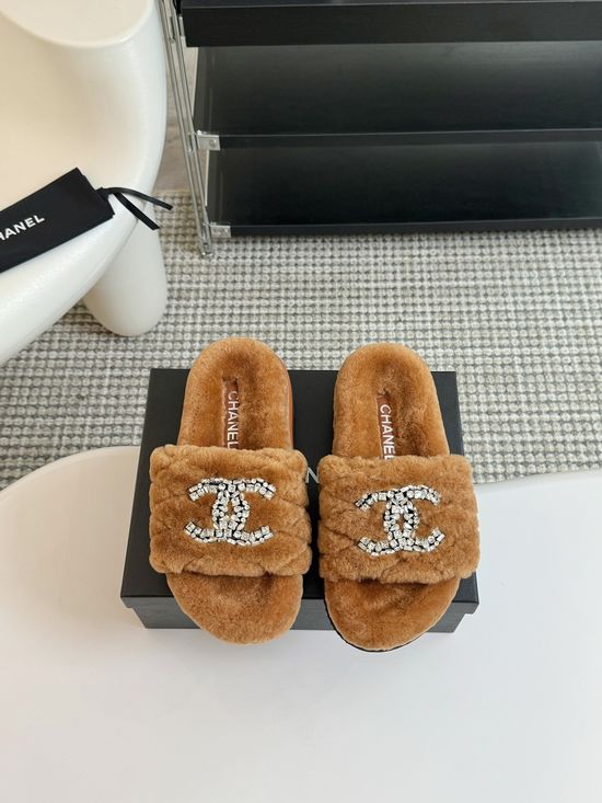 Chanel Rhinestone Decor Genuine Wool Fur Lined Platform Slippers