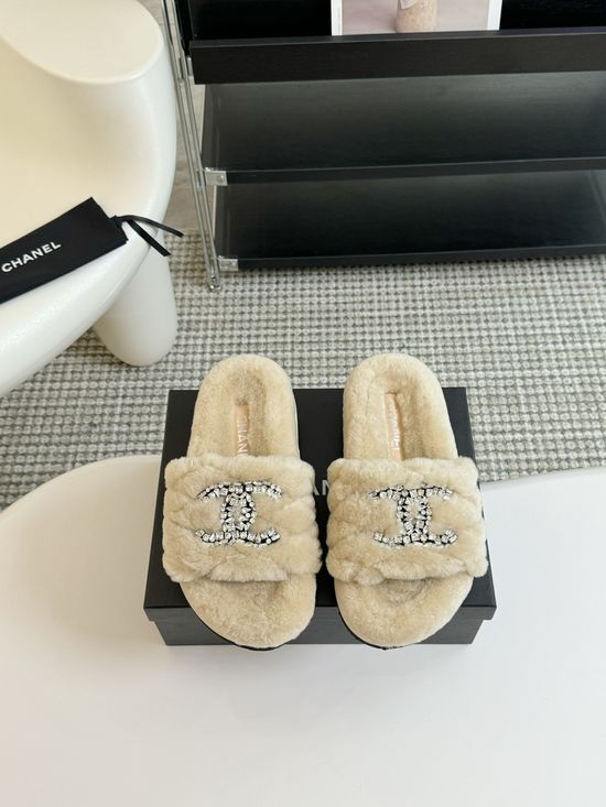 Chanel Rhinestone Decor Genuine Wool Fur Lined Platform Slippers