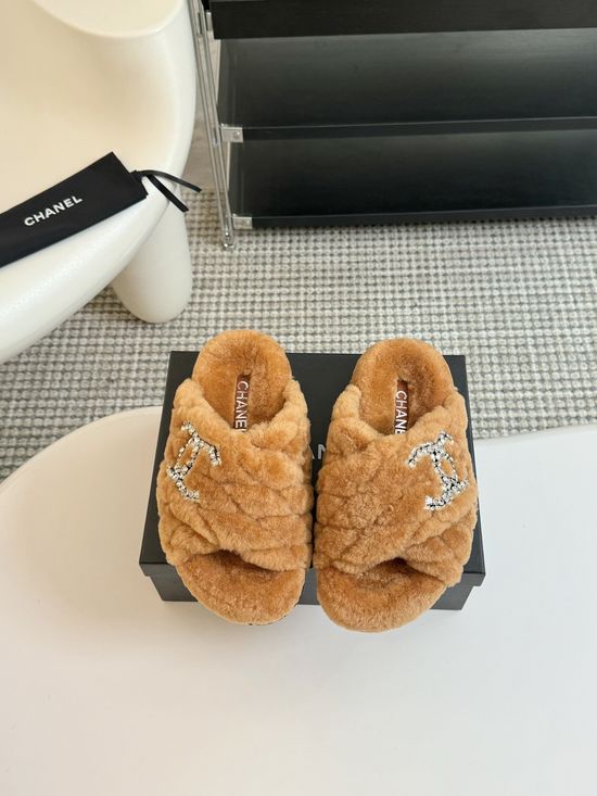 Chanel Rhinestone Decor Genuine Wool Fur Lined Platform Slippers
