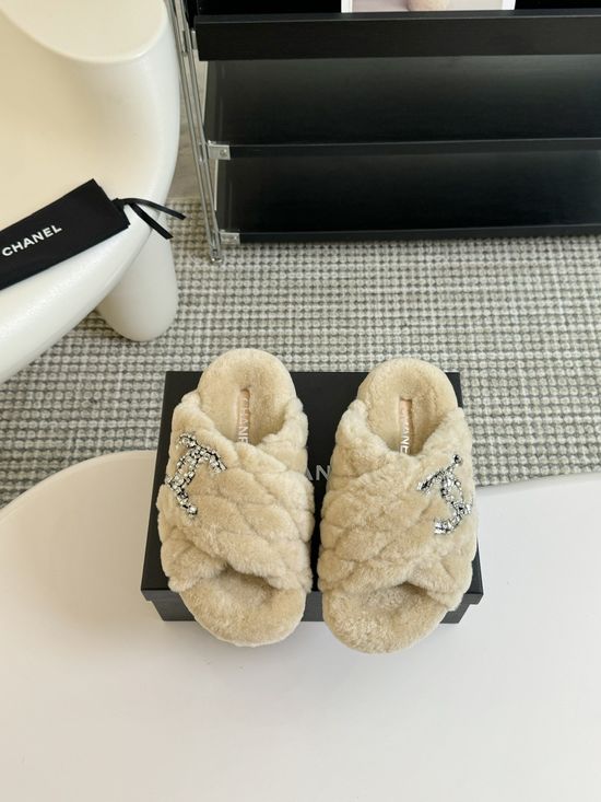 Chanel Rhinestone Decor Genuine Wool Fur Lined Platform Slippers