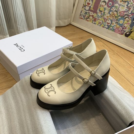 Celine Pointed Toe Block Heel Mary Janes Leather Upper Comfortable