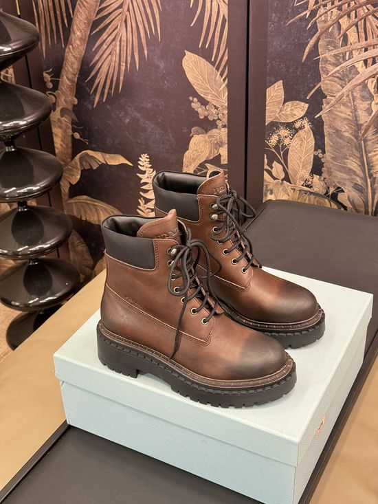Prada Premium Leather Motorcycle Boots Durable Anti-slip Fashion Shoes
