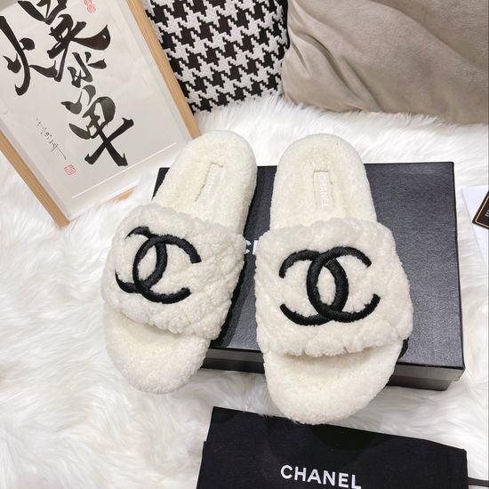 Chanel 3D Embroidered Lamb Wool Anti-slip Warm Slippers