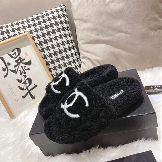 Chanel 3D Embroidered Lamb Wool Anti-slip Warm Slippers