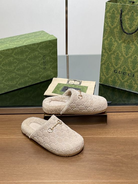 Gucci Embossed Suede Wool Lined Horsebit Platform Mules
