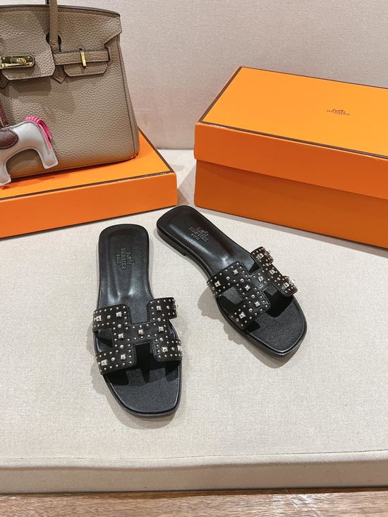 Hermes Classic Cowhide Slide Sandals With Silky Scarf Accents