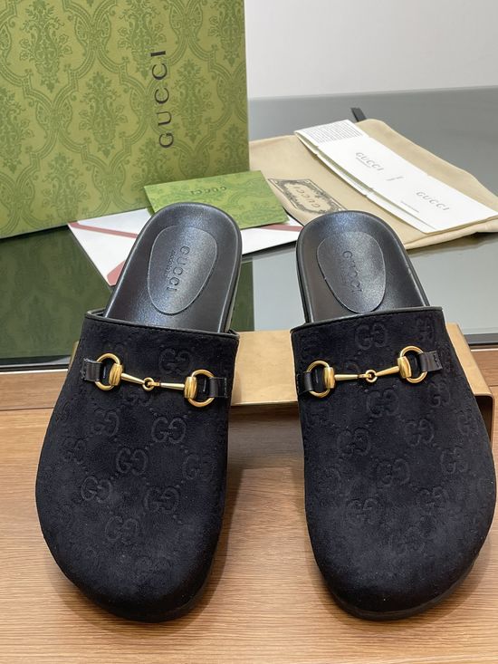 Gucci Embossed Suede Leather Lined Horsebit Platform Slippers