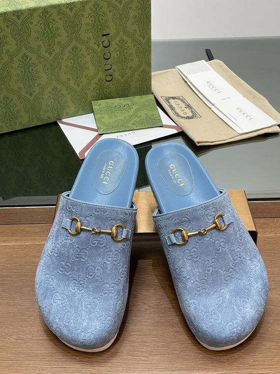 Gucci Embossed Suede Leather Lined Horsebit Platform Slippers