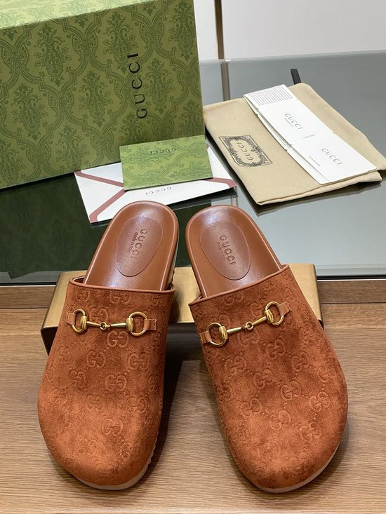Gucci Embossed Suede Leather Lined Horsebit Platform Slippers