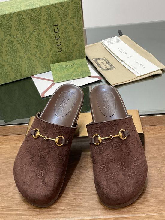 Gucci Embossed Suede Leather Lined Horsebit Platform Slippers