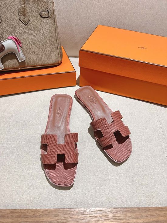 Hermes Lizard Print Cowhide Slide Sandals With Matching Silk Scarves