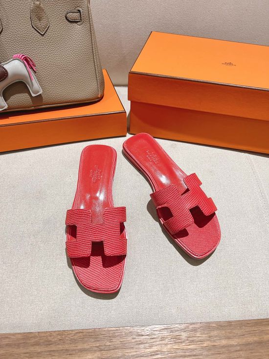 Hermes Lizard Print Cowhide Slide Sandals With Matching Silk Scarves