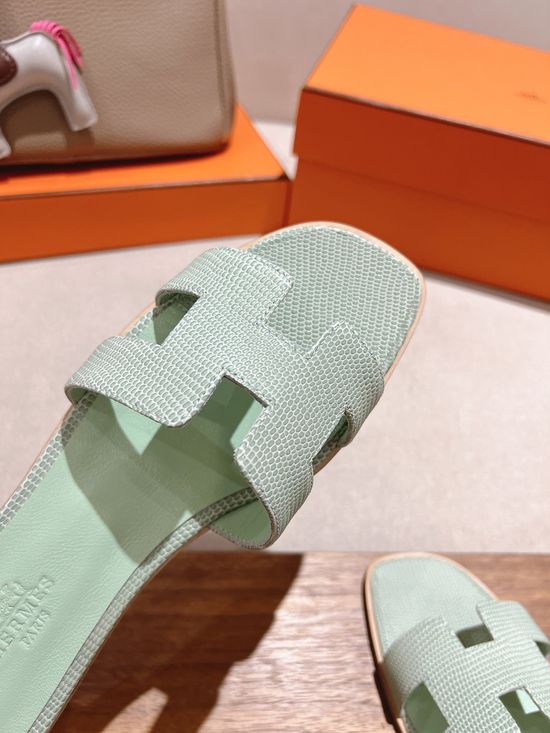 Hermes Lizard Print Cowhide Slide Sandals With Matching Silk Scarves