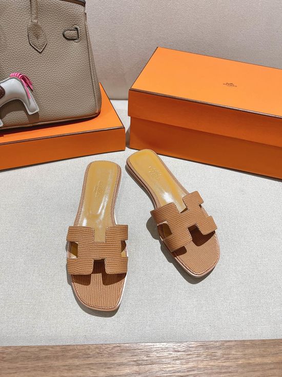 Hermes Lizard Print Cowhide Slide Sandals With Matching Silk Scarves