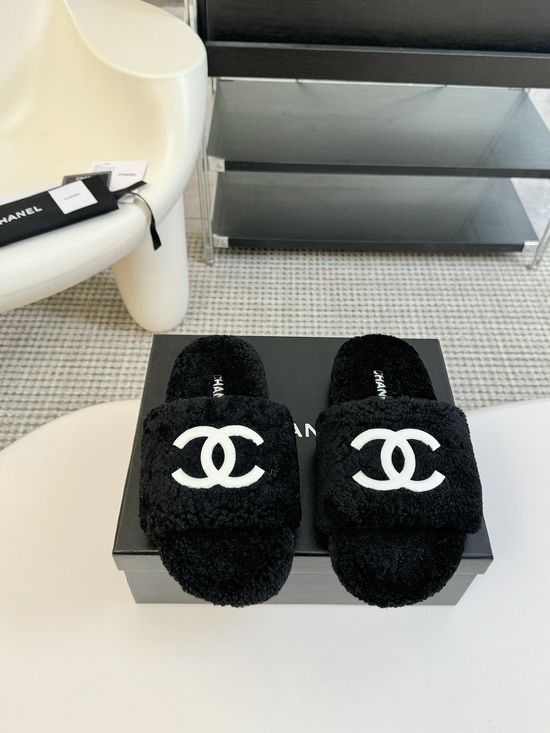 Chanel Classic Fluffy Wool Slippers with Double C Logo