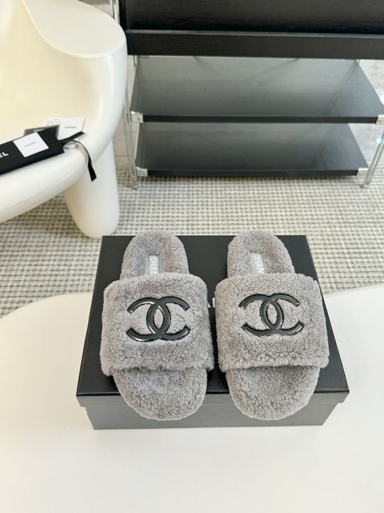Chanel Classic Fluffy Wool Slippers with Double C Logo