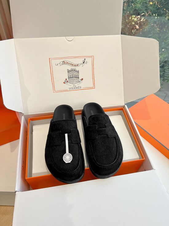 Hermes Horsehair Closed Toe Buckle Slippers Non-slip Comfortable Shoes